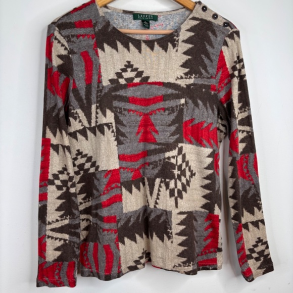 Lauren Ralph Lauren Sweater XL Aztec Tribal Southwestern Western Print Cotton - Picture 2 of 9